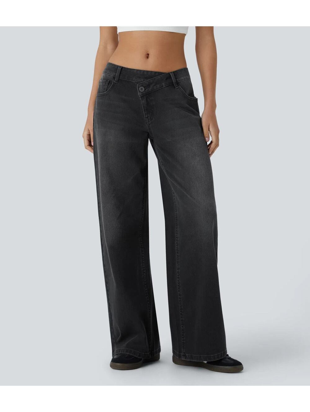 HALARA Asymmetric Low Rise Zipper Pockets Baggy Wide Leg Jeans Size M Regular